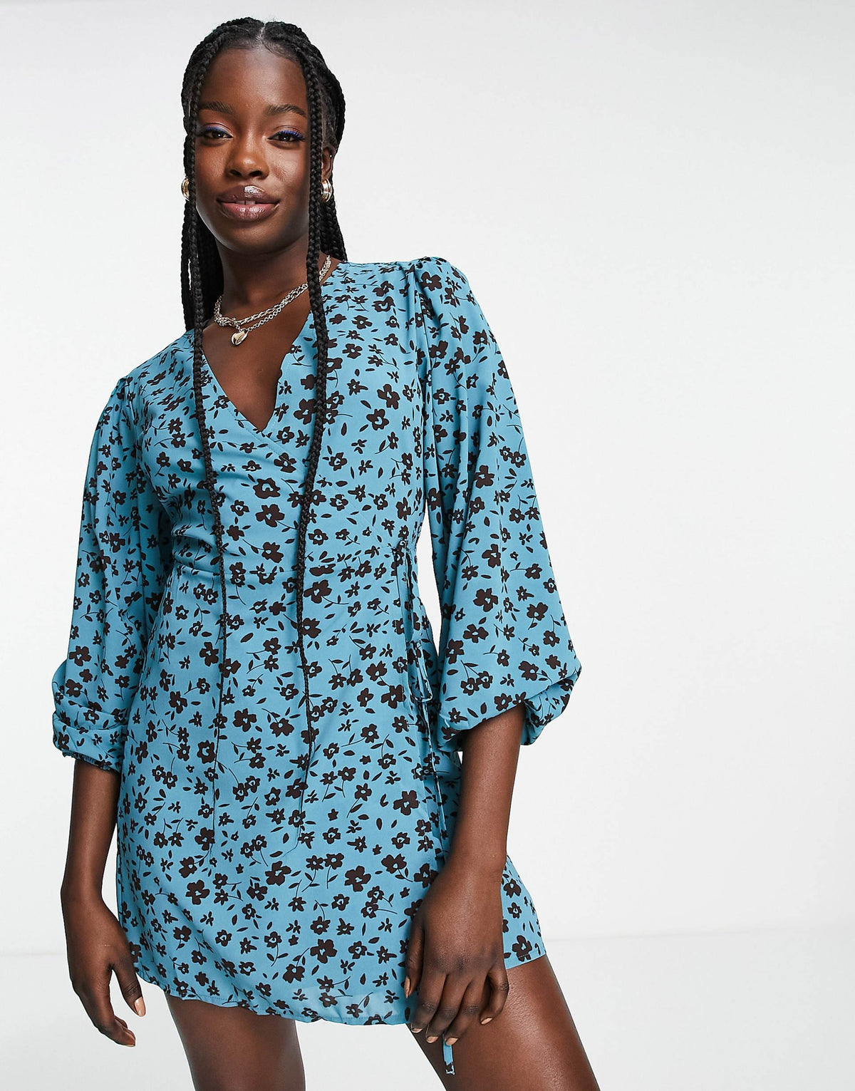 Glamorous Puff Sleeve Wrap Dress In Blue Brown Floral