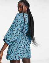 Glamorous Puff Sleeve Wrap Dress In Blue Brown Floral