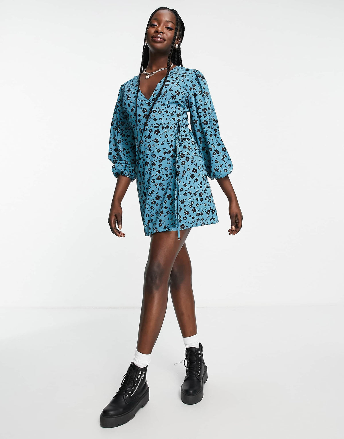 Glamorous Puff Sleeve Wrap Dress In Blue Brown Floral