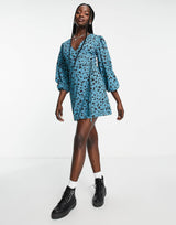 Glamorous Puff Sleeve Wrap Dress In Blue Brown Floral