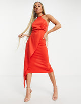 Asos Design Racer Neck Open Back Midi Dress With Drape Detail In Red