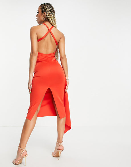 Asos Design Racer Neck Open Back Midi Dress With Drape Detail In Red