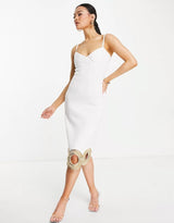 Starry Eyed Premium Embellished Cami Strap Cut Out Hem Midi Dress In Ecru
