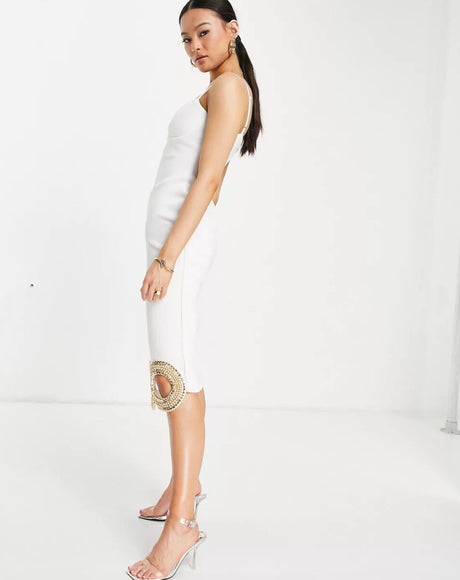 Starry Eyed Premium Embellished Cami Strap Cut Out Hem Midi Dress In Ecru