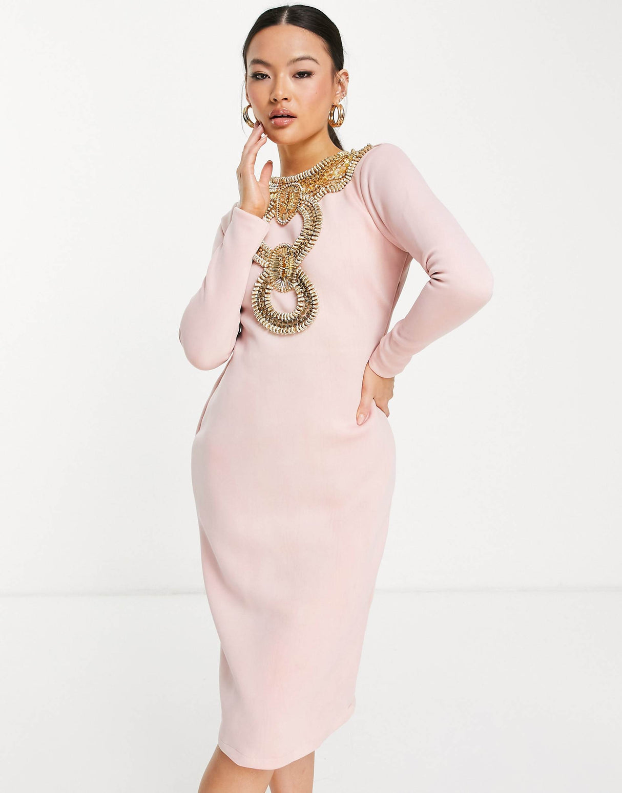 Starry Eyed Premium Heavy Embellished Long Sleeve Open Back Midi Dress In Pink