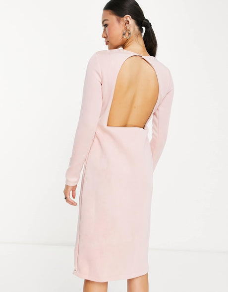Starry Eyed Premium Heavy Embellished Long Sleeve Open Back Midi Dress In Pink