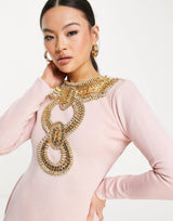 Starry Eyed Premium Heavy Embellished Long Sleeve Open Back Midi Dress In Pink