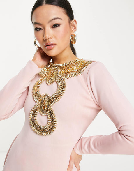 Starry Eyed Premium Heavy Embellished Long Sleeve Open Back Midi Dress In Pink