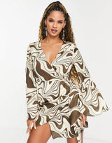 Asos Design Wrap Mini Dress In Marble Print With Flare Sleeve