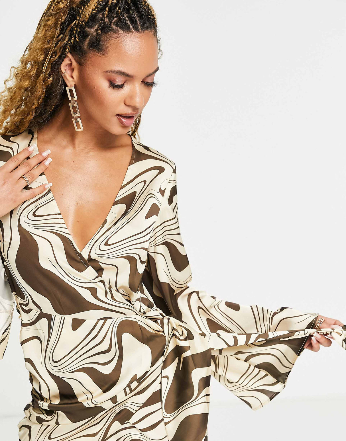 Asos Design Wrap Mini Dress In Marble Print With Flare Sleeve