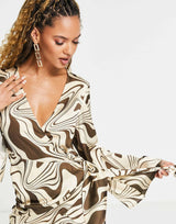 Asos Design Wrap Mini Dress In Marble Print With Flare Sleeve