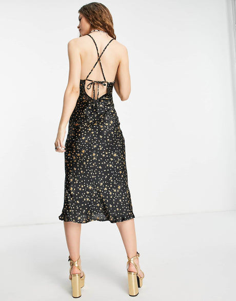 Violet Romance Satin Slip Open Back Midi Dress In Celestial Print