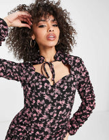 Missguided Tie Neck Floral Mini Dress In Black