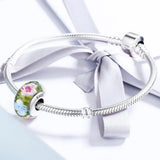 Solid 925 Sterling Silver Pink and Light Blue Blossom Inclusion Green Murano Glass Charm