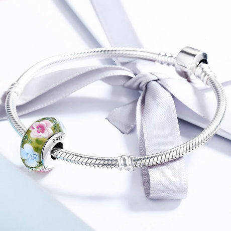Solid 925 Sterling Silver Pink and Light Blue Blossom Inclusion Green Murano Glass Charm