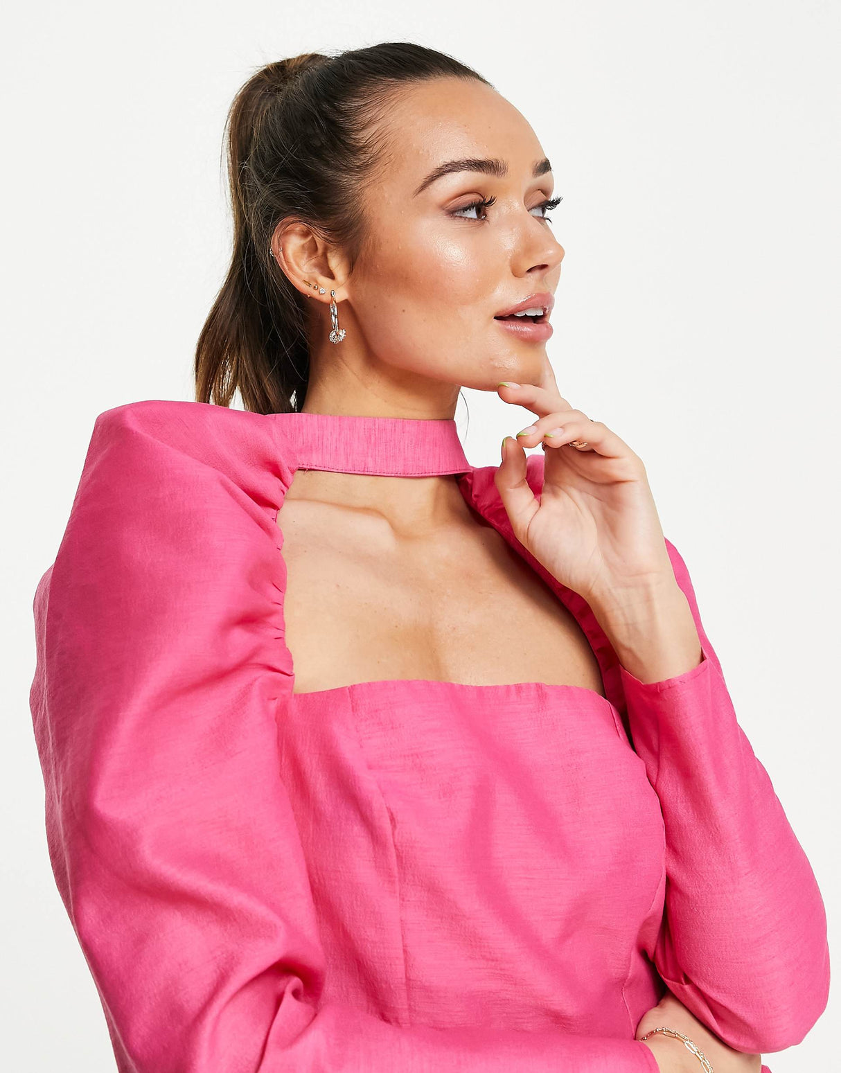 Asos Design Top With Cut Out Neck & Volume Sleeve In Hot Pink