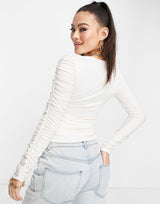 Asyou Ruched Plunge Top In Ecru
