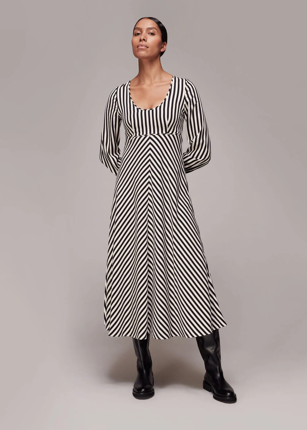 Whistles Misha Stripe Print Midi Dress In Black