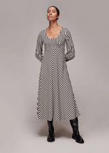 Whistles Misha Stripe Print Midi Dress In Black