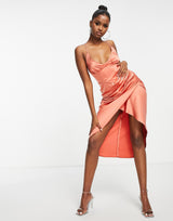 Asos Design Seamed Corset Satin Midi Dress In Ginger