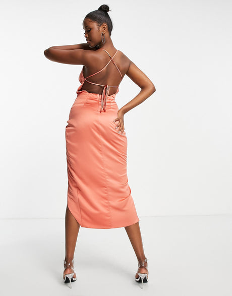 Asos Design Seamed Corset Satin Midi Dress In Ginger