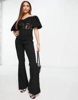 Yaura Puff Sleeve Lace Corset Jumpsuit In Black