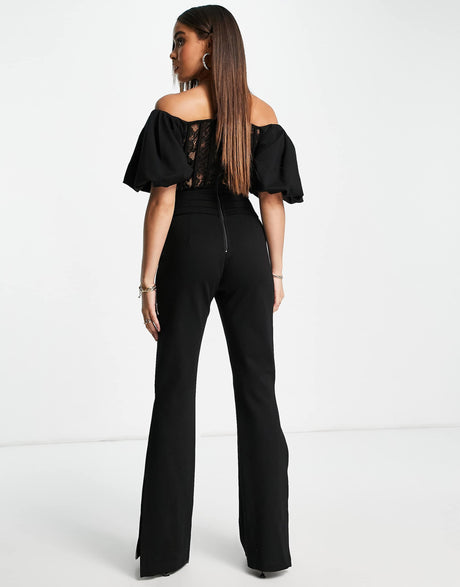 Yaura Puff Sleeve Lace Corset Jumpsuit In Black