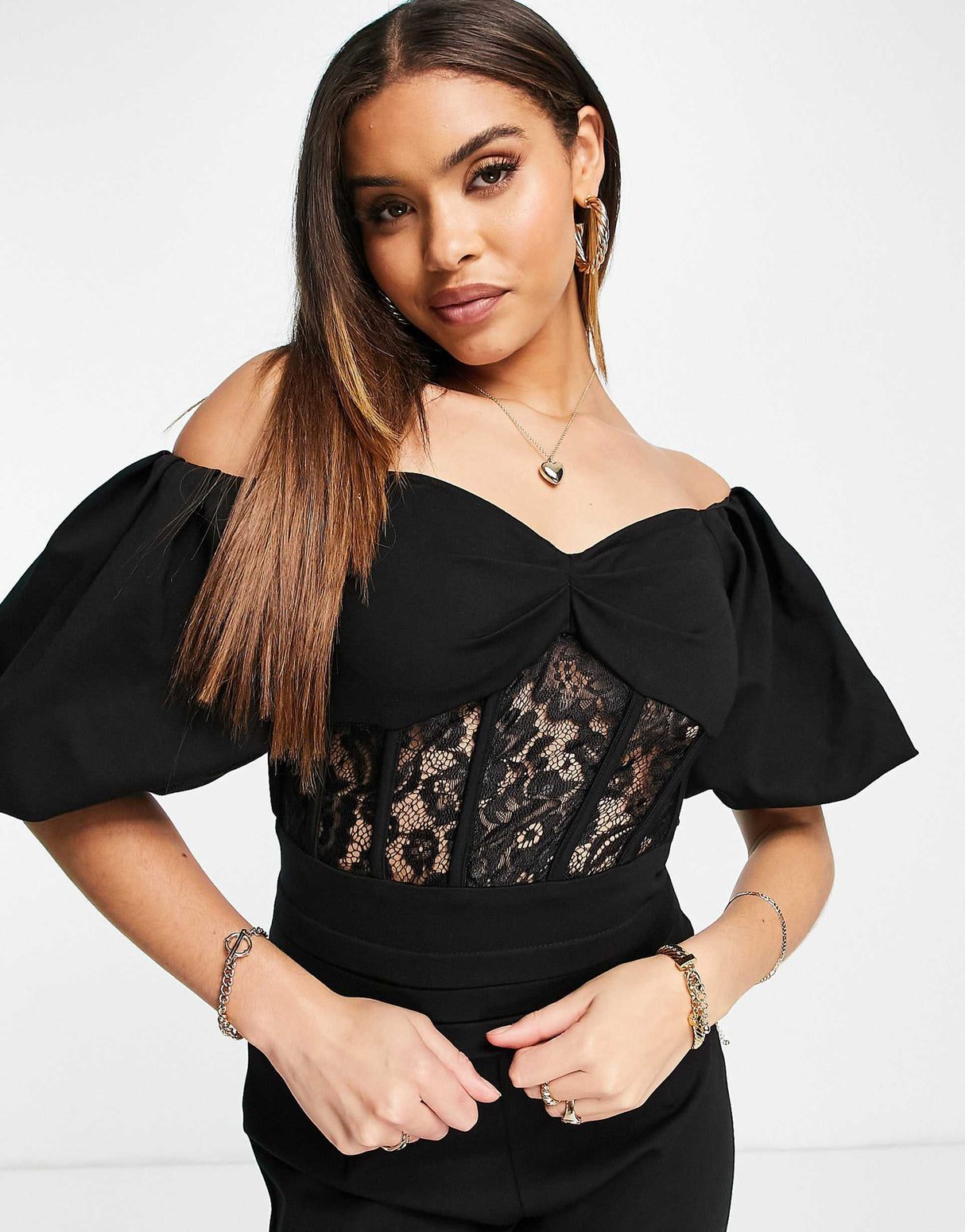 Yaura Puff Sleeve Lace Corset Jumpsuit In Black