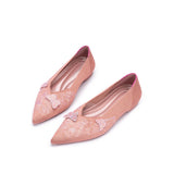 Butterfly Floral Knit Pointed Toe Ballet Flats - Coral