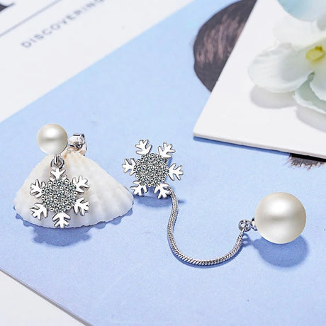 Sparkling Zirconias Snow with White Pearl Drop Earrings