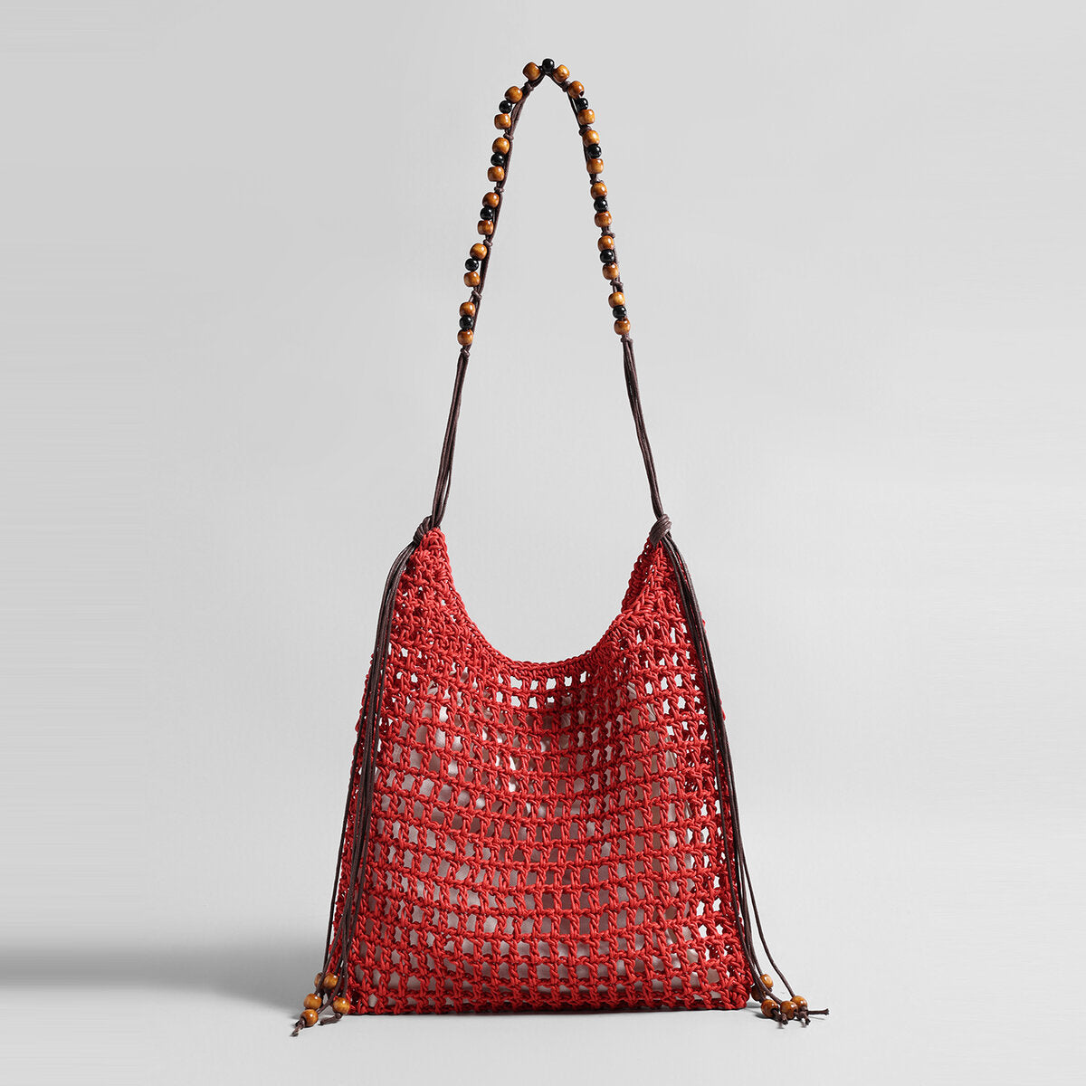 Hand-Crocheted Open-Weave Hobo Bag - Red
