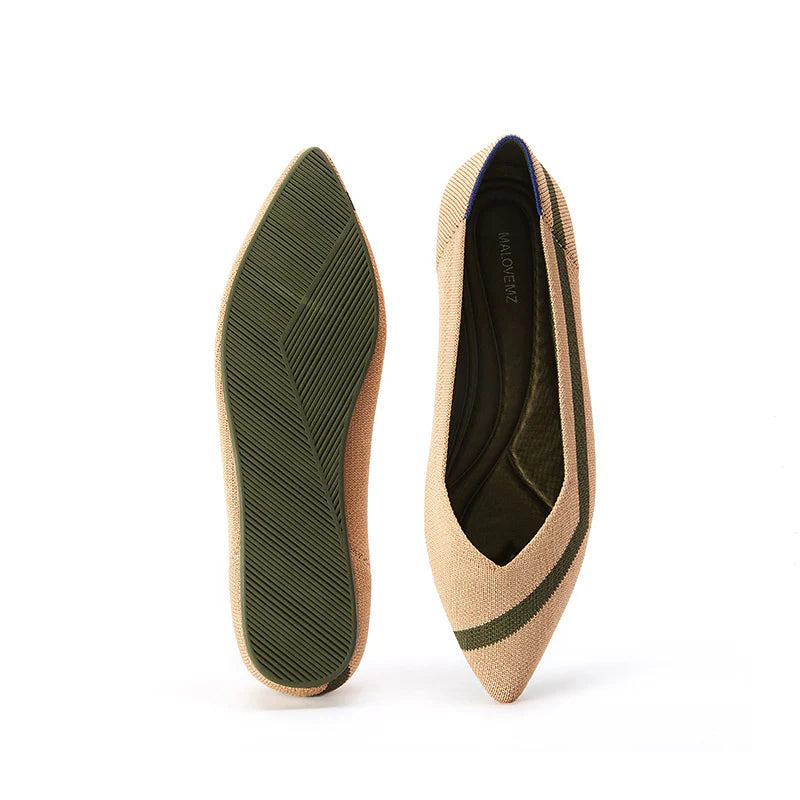 Comfortable Woven Striped Pointed Toe Flats - Beige