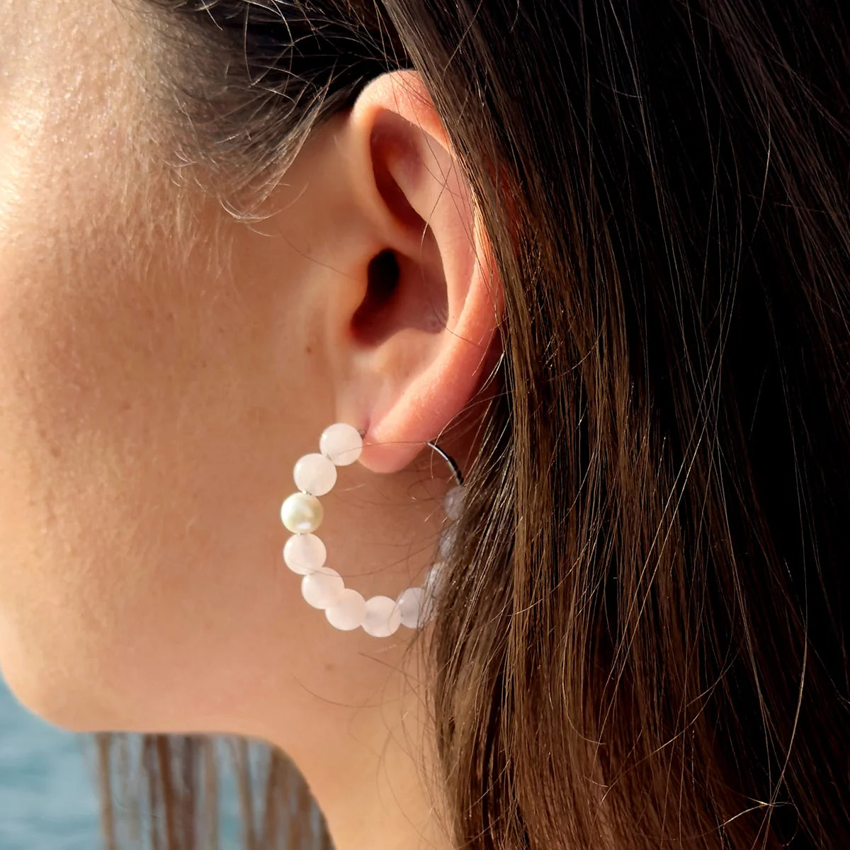 Earrings Freshwater Pearl & Rose Agate White Sterling Silver