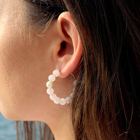 Earrings Freshwater Pearl & Rose Agate White Sterling Silver