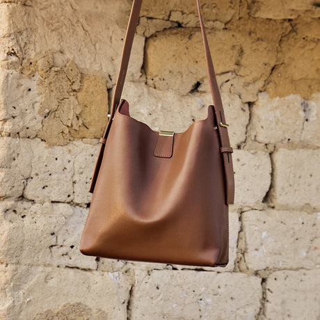 Nalandu Minimalist Genuine Leather Bucket Shoulder Bag - Coffee