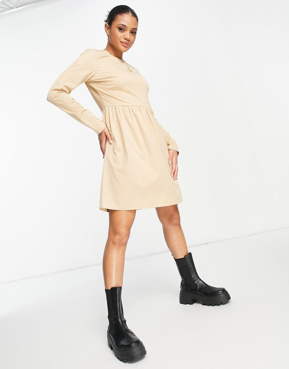 Na-Kd Long Sleeve Mini Dress In Beige