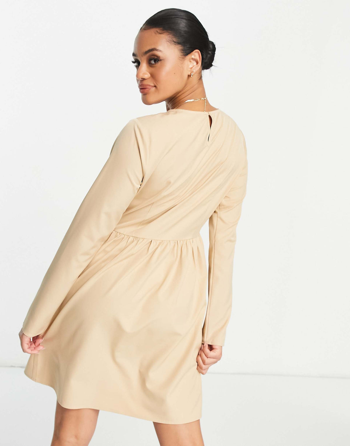 Na-Kd Long Sleeve Mini Dress In Beige