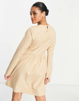 Na-Kd Long Sleeve Mini Dress In Beige