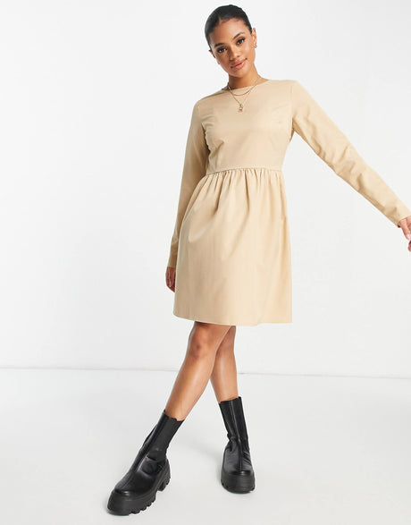 Na-Kd Long Sleeve Mini Dress In Beige