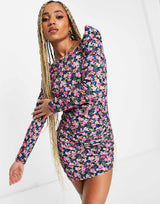 Asos Design Puff Sleeve Mini Dress With Tie Back In Black Base Floral