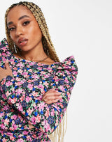 Asos Design Puff Sleeve Mini Dress With Tie Back In Black Base Floral