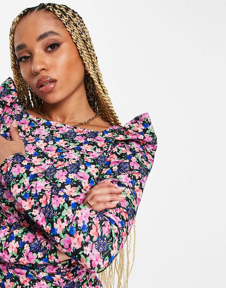 Asos Design Puff Sleeve Mini Dress With Tie Back In Black Base Floral