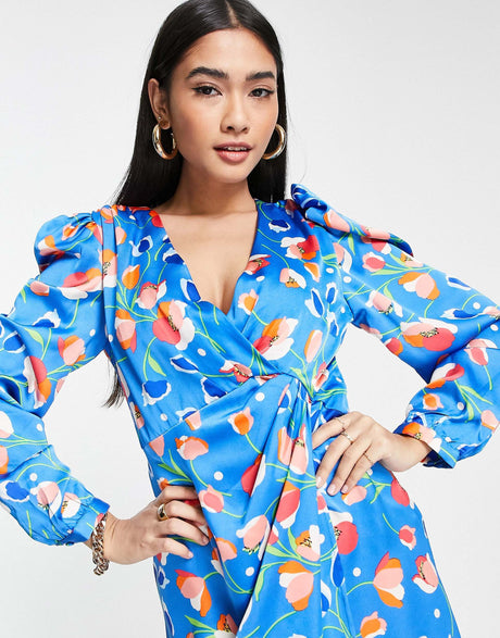 Liquorish Wrap Midi Dress In Blue Floral