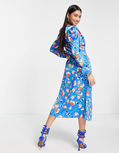 Liquorish Wrap Midi Dress In Blue Floral