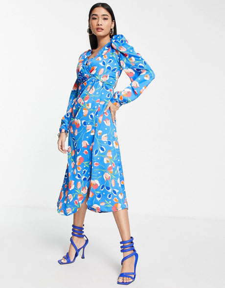 Liquorish Wrap Midi Dress In Blue Floral