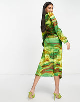 Liquorish Wrap Midi Dress In Green Marble Print