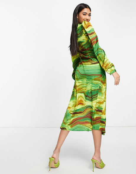 Liquorish Wrap Midi Dress In Green Marble Print