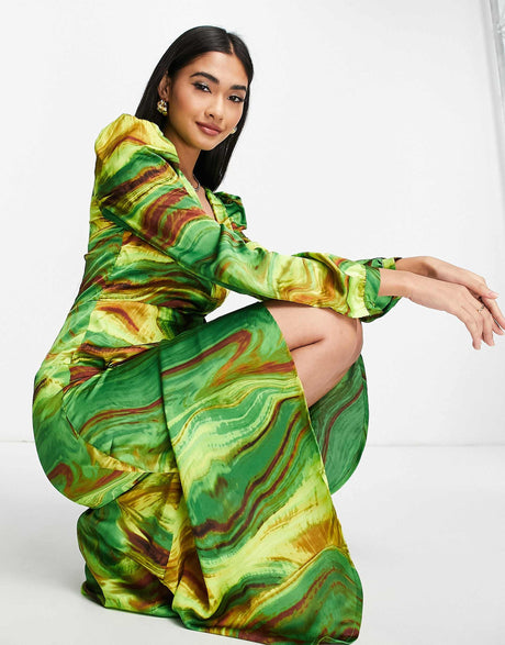 Liquorish Wrap Midi Dress In Green Marble Print