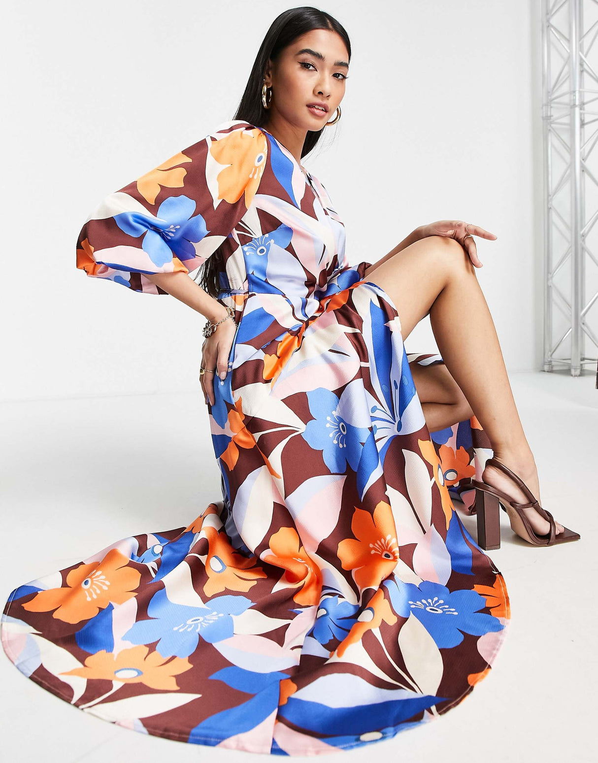 Liquorish Wrap Midi Dress With Puff Sleeve In Overscaled Brown Floral