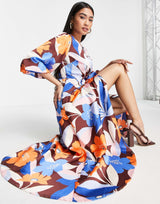 Liquorish Wrap Midi Dress With Puff Sleeve In Overscaled Brown Floral